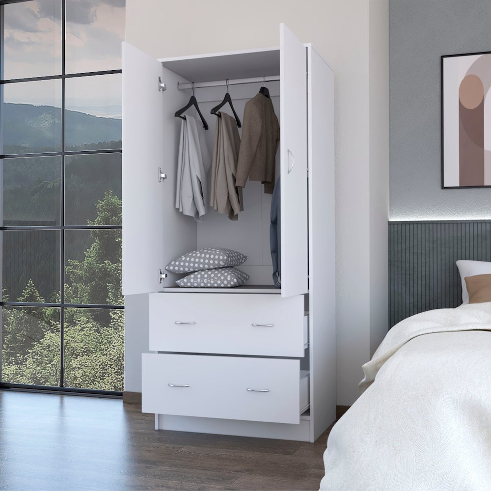 Wenden Wardobre with 2 drawers, 2 doors, ample storage and hanging rod,white. Picture 5