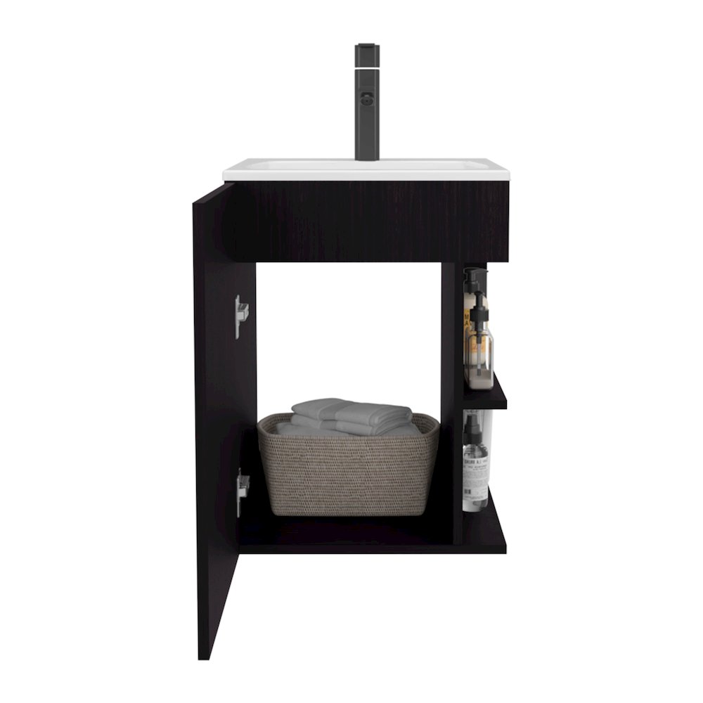 Compact Vanity Cabinet, Single Door, Two Open Side Shelves, Natural Oak. Picture 3