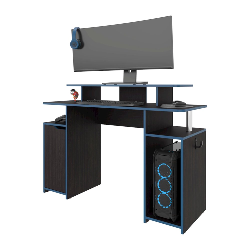 Lol Minimalist Gaming Desk with Elevated Monitor Shelf, Blue Accents. Picture 8