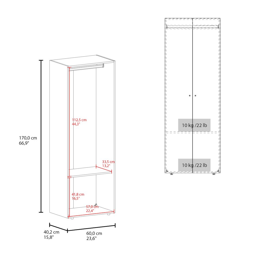 Basin  2-Door Tall Wardrobe Cabinet 66.9"H,  Bedroom, White. Picture 6