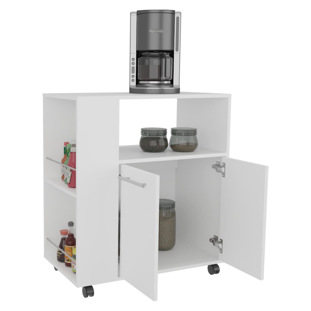 Kitchen Cart with Microwave Shelf, Open Storage, and Two-Door Cabinet, White. Picture 5