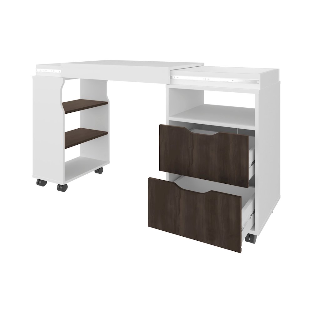 Loris Extendable Desk with Two Drawers, Open Shelves, and Sliding Mechanism. Picture 7