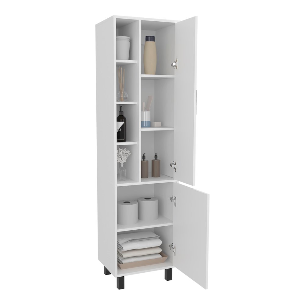 Pinal Linen Cabinet with Open Storage and 2 Doors, White. Picture 8