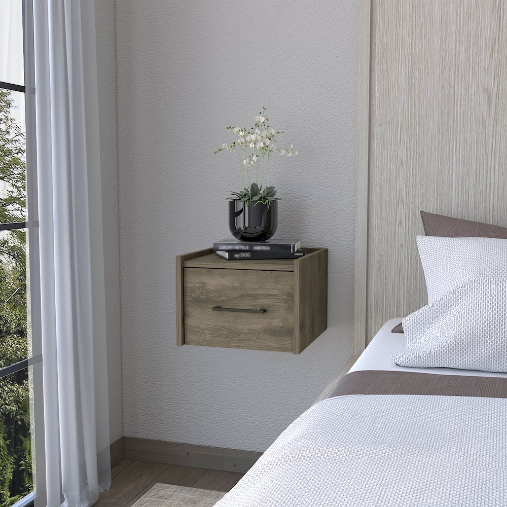 Elfrida Wall-Mounted Nightstand, Sleek Single-Drawer Design, Dark Brown. Picture 4