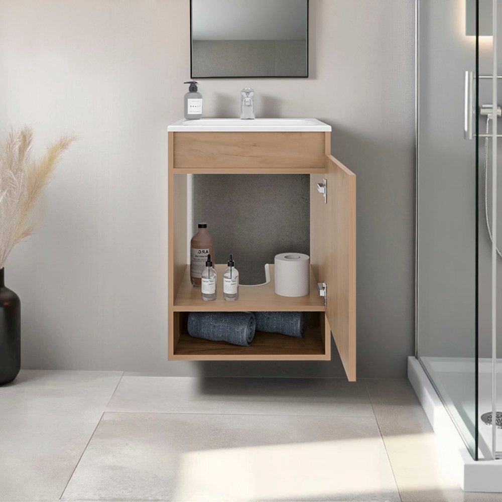 Wall-Mounted Bathroom Vanity with Sink, 2 Doors, Open Shelf, Natural Oak. Picture 5