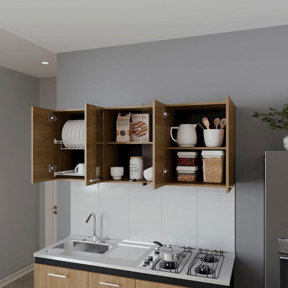 Wall Cabinet kitchen in Melamine wit 4 Doors  and Glass Storage, Natural Oak. Picture 3