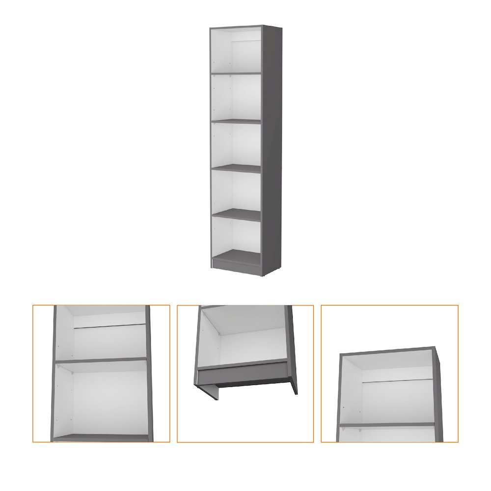 Sutton Slim Bookcase with Modern 5-Shelf Design, Matt Gray / White. Picture 7