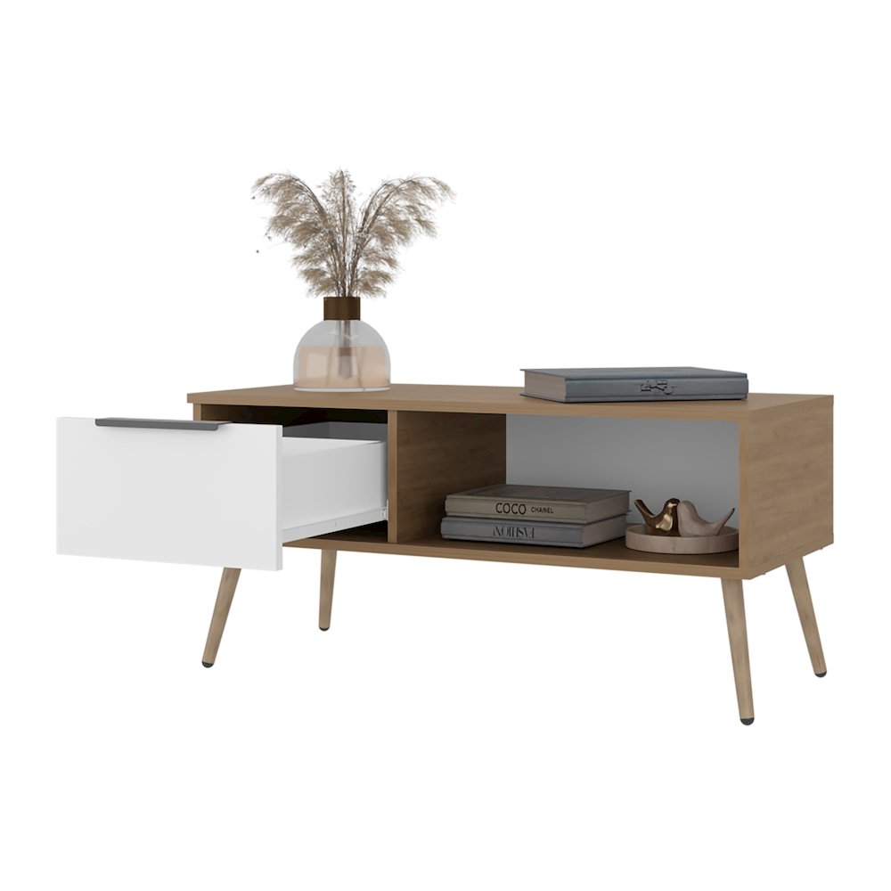 Scandinavian Style Coffee Table with Storage Drawer and Open Shelf,White. Picture 5