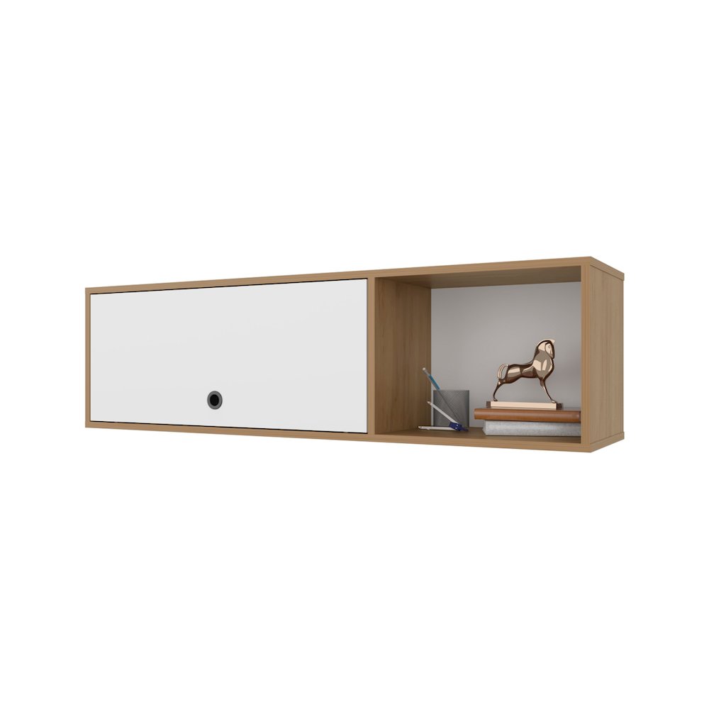 Wall-Mounted Cabinet with Lift-Up Door, Open Compartments, Natural Oak and White. Picture 8