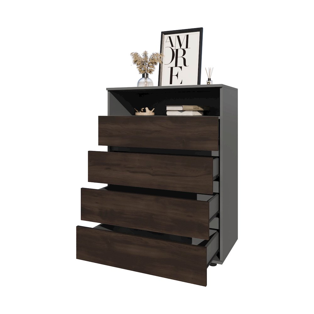 Tokio 4 Drawer Dresser with Open Shelf, Stained Walnut. Picture 5