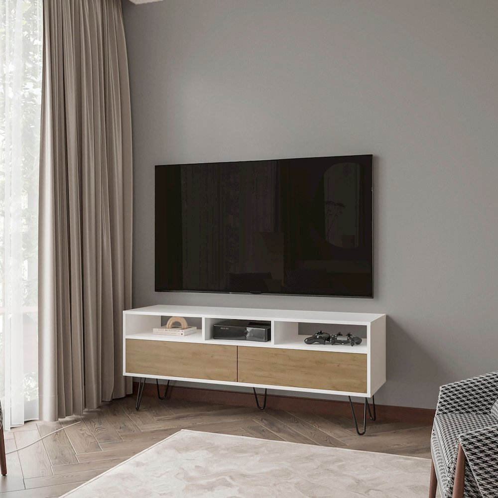 Olds TV Stand with 2 Doors and Open Storage, White and Natural Oak. Picture 4