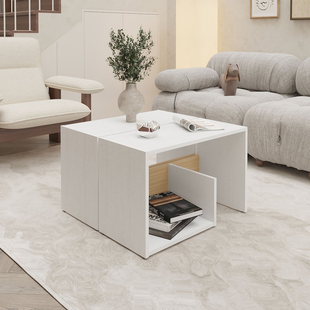 Vega Side Table in Melamine with Open Storage, White and Light Oak. Picture 3