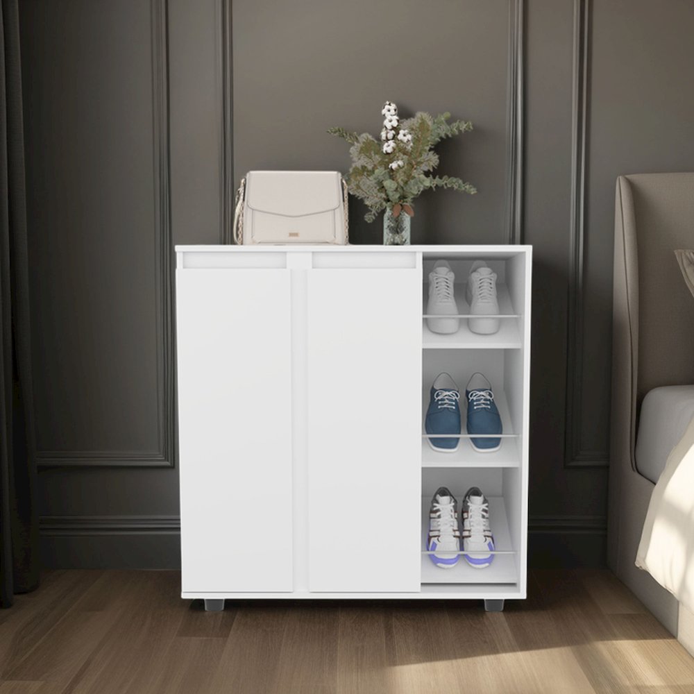 Shoe Storage Cabinet, 2 Doors, 8  Enclosed Shelves, 3 Open Side Shelves, White. Picture 7