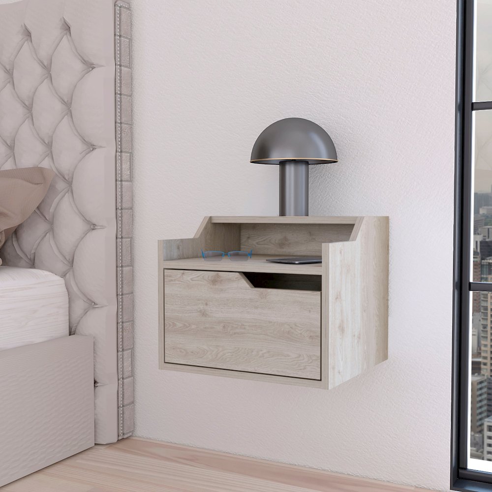 Florence Floating Nightstand with Drawer and Dual-Shelf Display. Picture 7