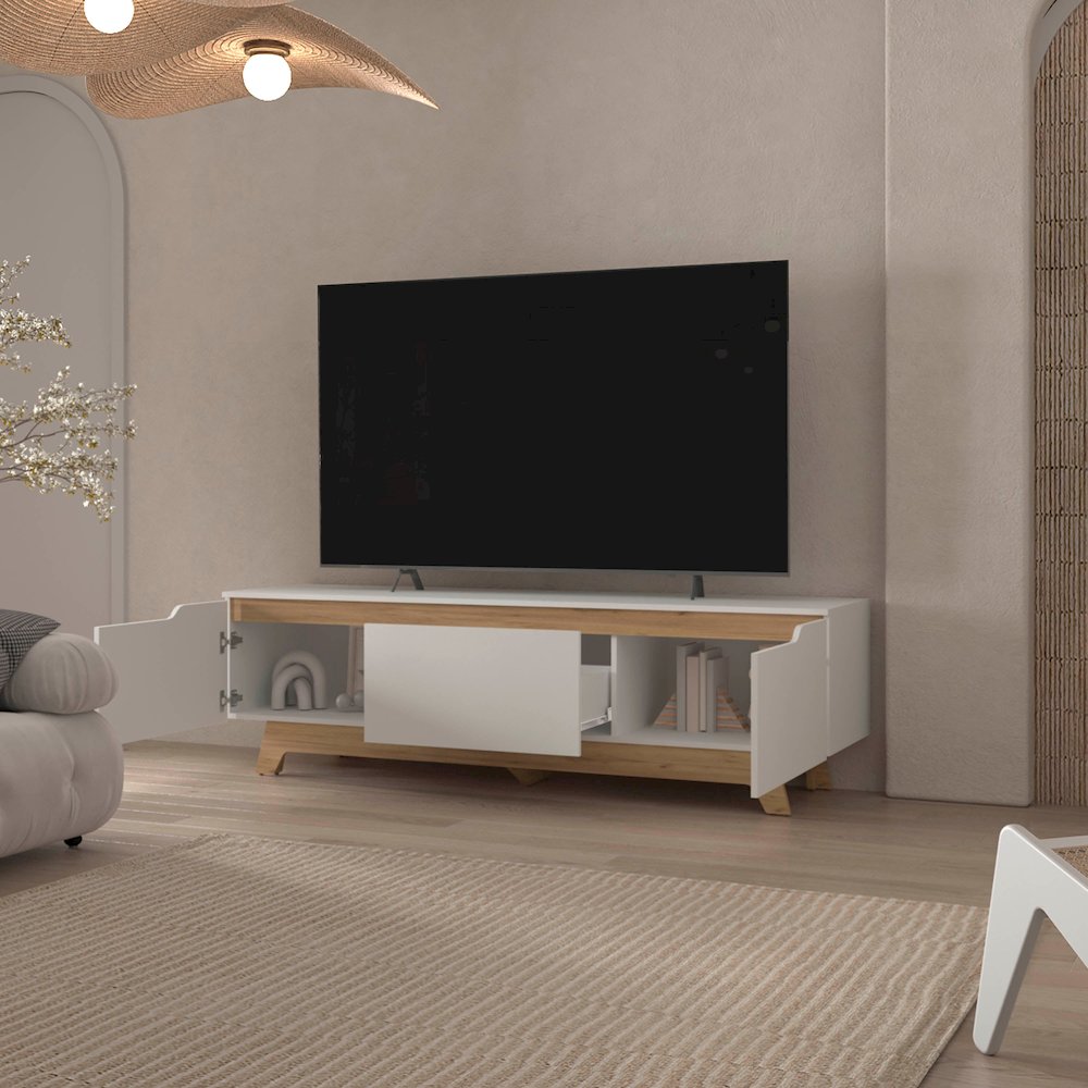 Lyman Entertainment Center with Two Doors, White and Natural Oak. Picture 3