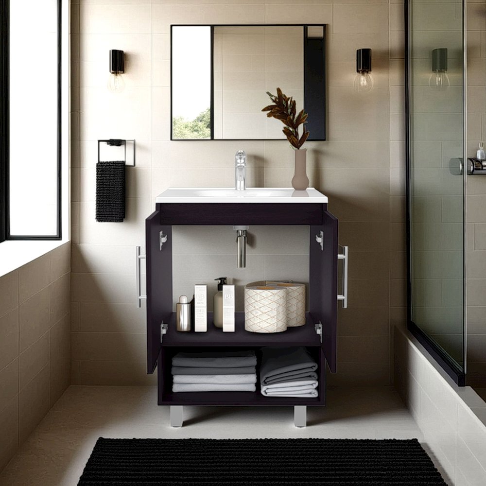 Freestanding Bathroom Vanity Cabinet with Double Doors, Open Shelf, Wenge. Picture 5