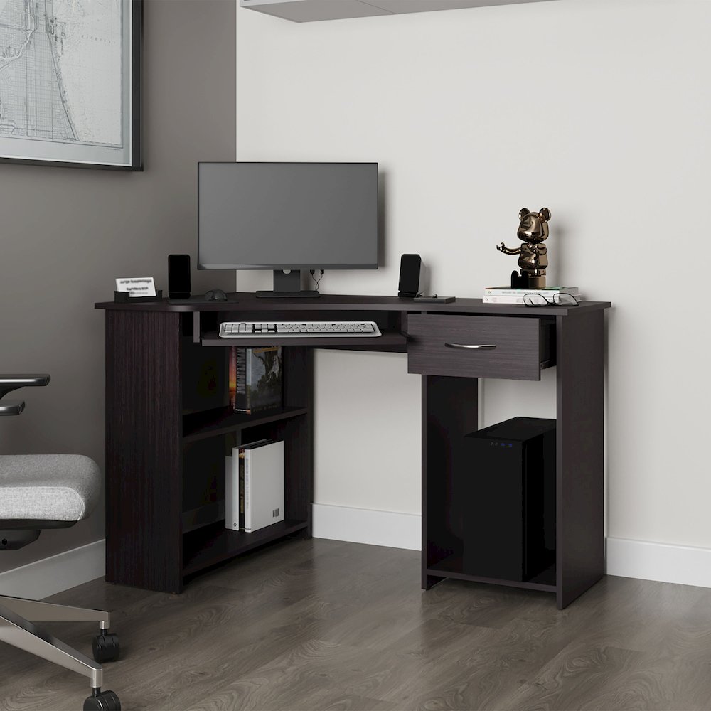 Corner Computer Desk, L-Shaped Home Office Desk with Drawer, Shelves. Picture 3