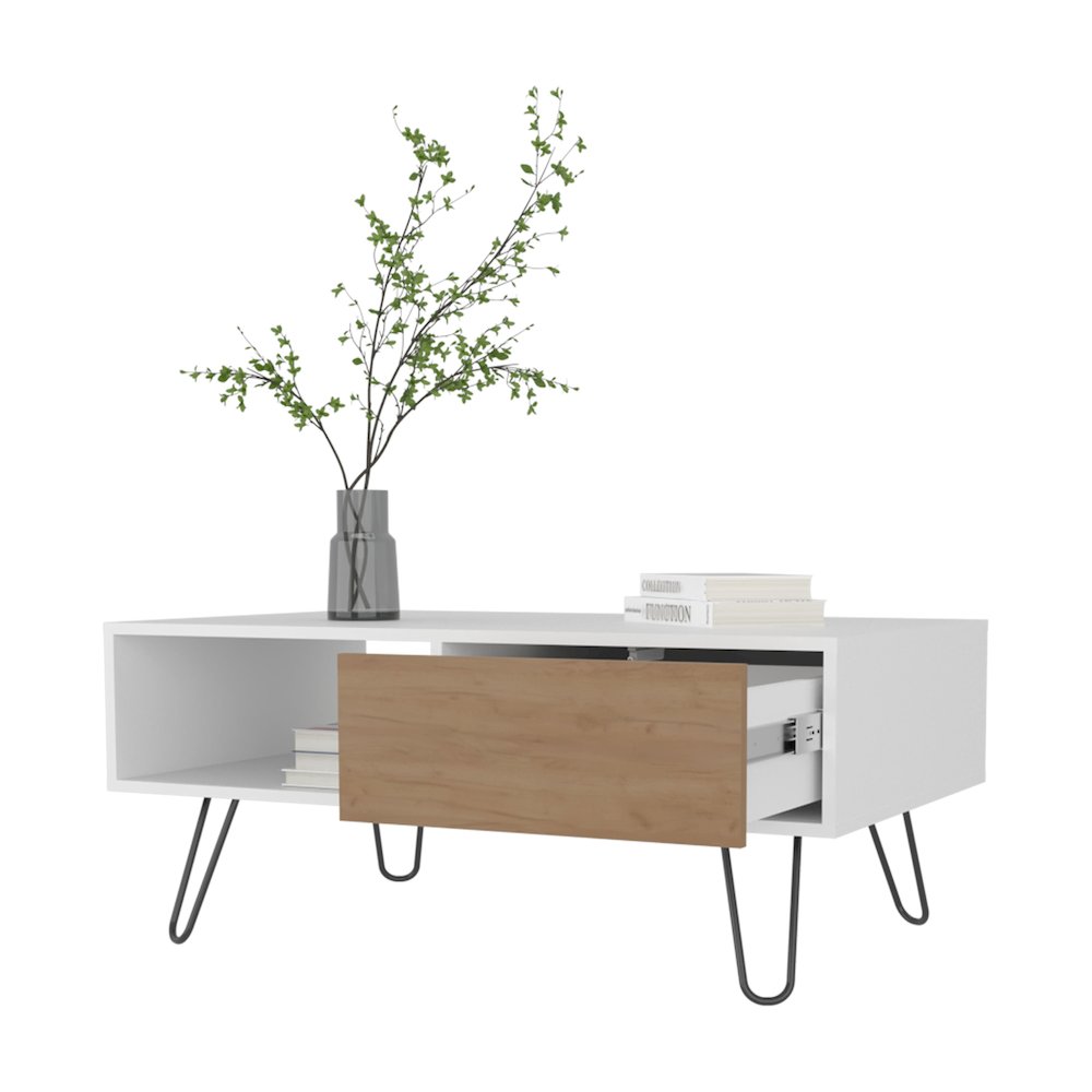 Gramling Coffee Table with a Drawer and Hairpin Legs, White + Natural Oak. Picture 5