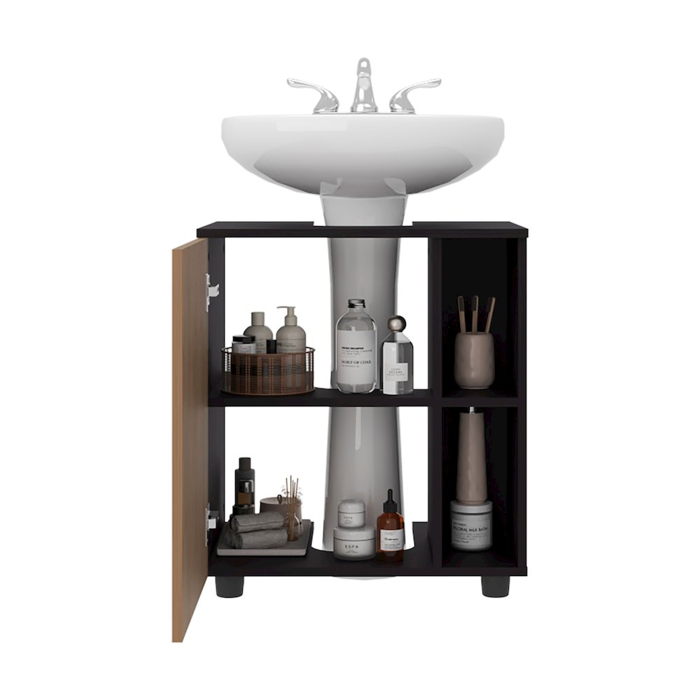 Under Pedestal Sink Cabinet, 1 Door, 5 Open Compartments, Wenge and Natural Oak. Picture 5