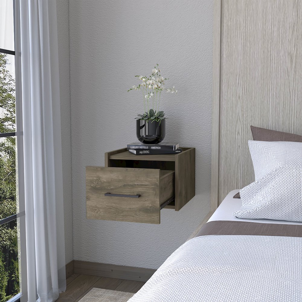 Elfrida Wall-Mounted Nightstand, Sleek Single-Drawer Design, Dark Brown. Picture 3