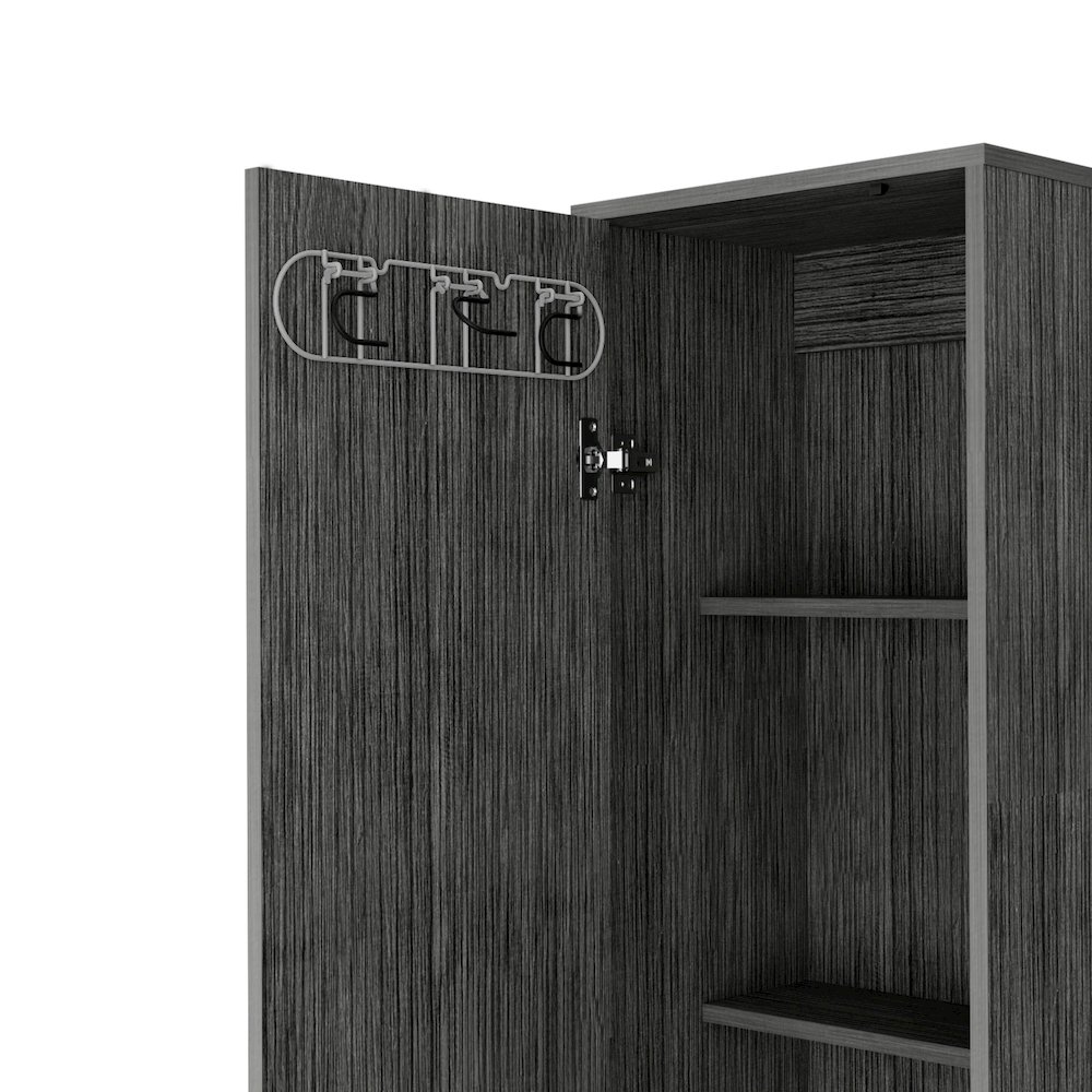 Lawen Tall Storage Cabinet, Single Door, 3 Broom Hangers ,Smokey Oak. Picture 6
