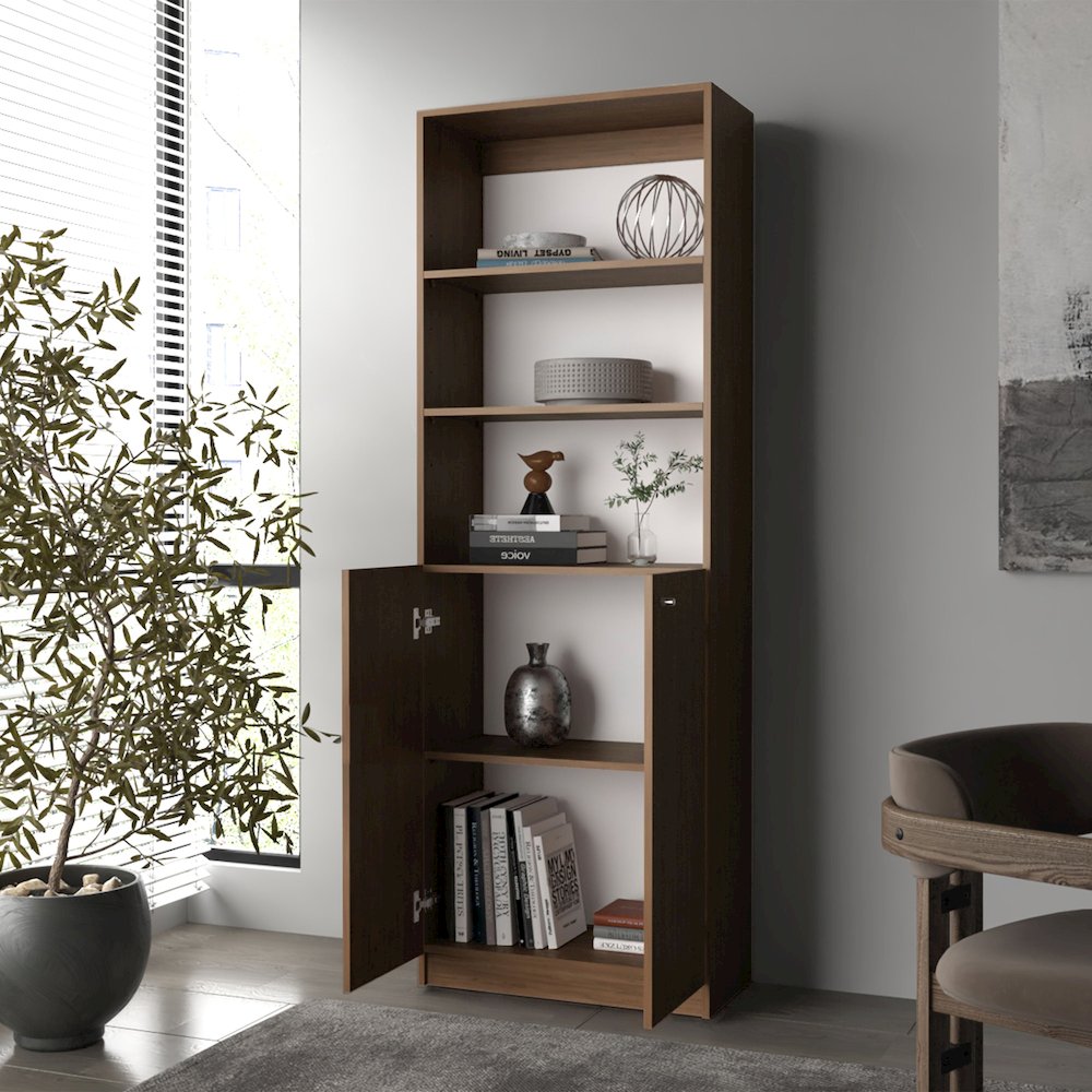 Beyerville Bookcase with Open Storage and 2 Doors, Natural Oak and White. Picture 3