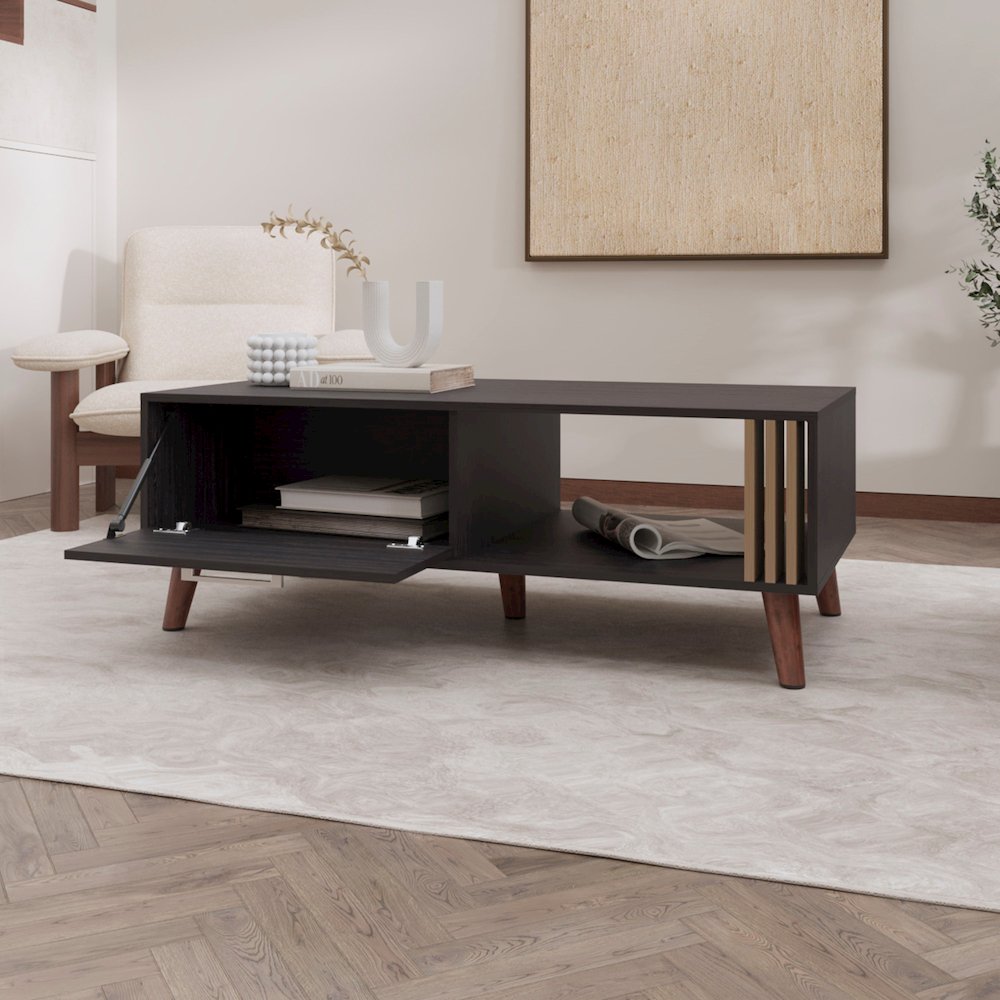 Govan Coffee Table with a Door, Conical Legs, and Open Storage, Wengue. Picture 3