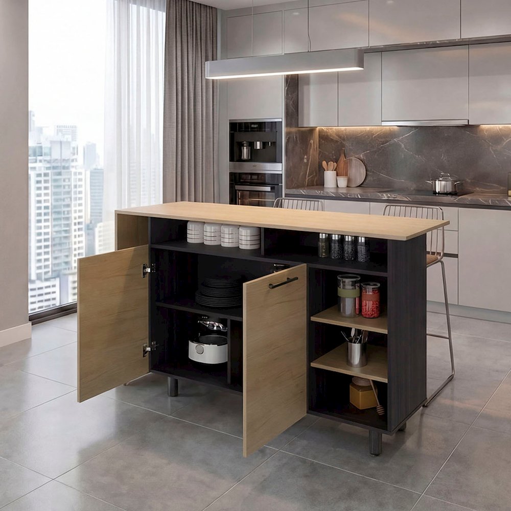 Modern Kitchen Island with Storage Shelves and Cabinets for Kitchen Organization. Picture 4
