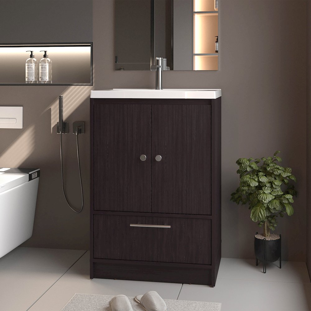 Freestanding Bathroom Vanity with Sink, Two Doors and Bottom Drawer, Wengue. Picture 4