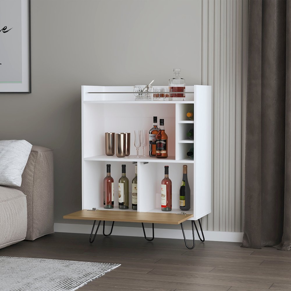 Otho Bar Cabinet with Drop-Down Door, Wine Storage, Open Shelves, Hairpin Legs. Picture 3