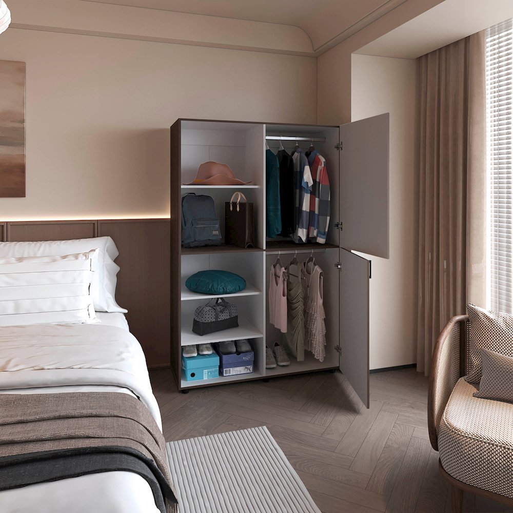 Ollie 2-Door Wardrobe with Open Storage, Grey Walnut and White. Picture 6