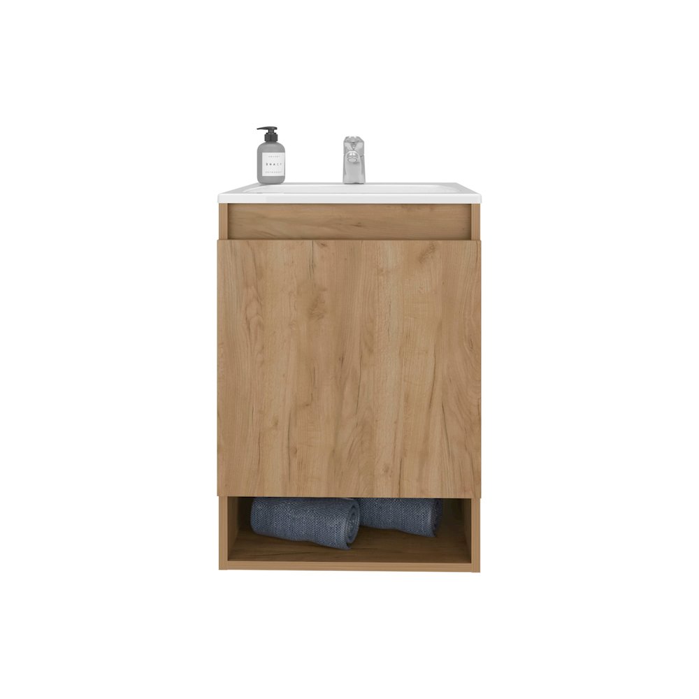 Wall-Mounted Bathroom Vanity with Sink, 2 Doors, Open Shelf, Natural Oak. Picture 2
