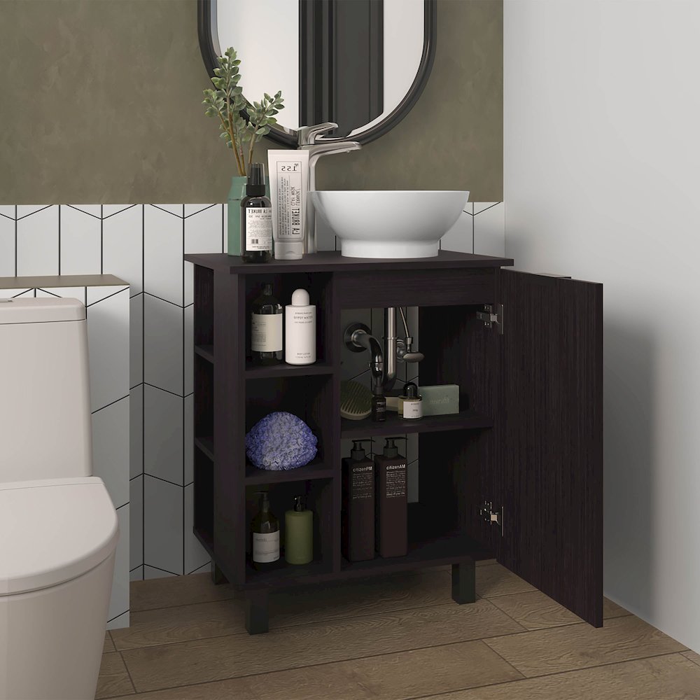Pinal Bathroom Vanity, Single Door, 8 Storage Shelves (6 Open + 2 Closed) Wengue. Picture 3