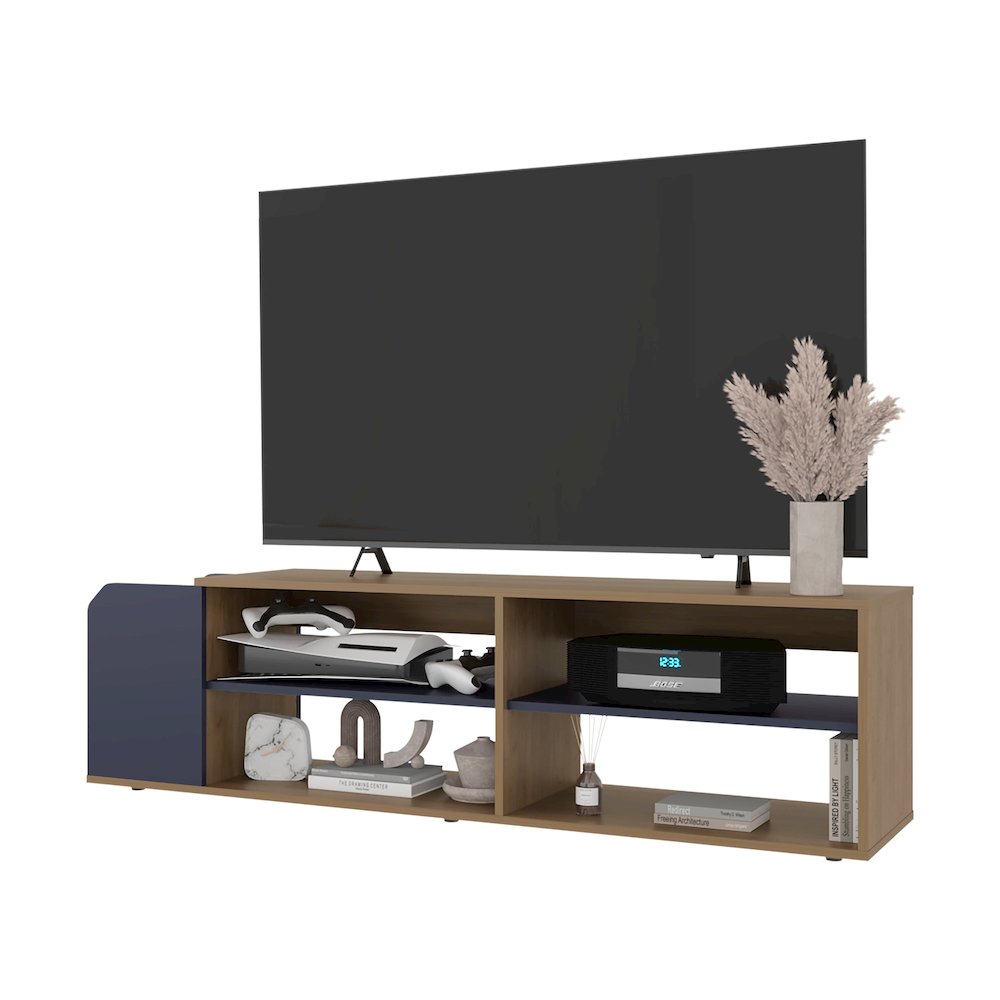 Modern TV Stand, Entertainment Console with Open Shelves, Navy blue. Picture 3
