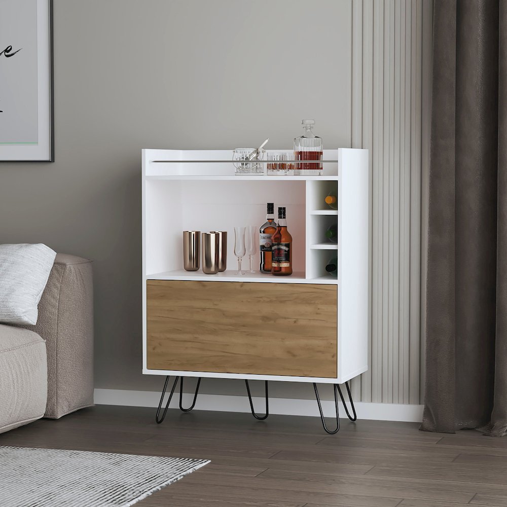 Otho Bar Cabinet with Drop-Down Door, Wine Storage, Open Shelves, Hairpin Legs. Picture 4