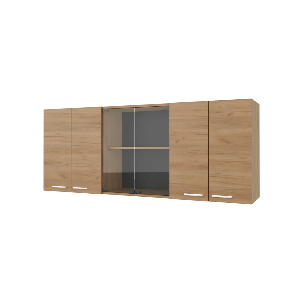 Wall Cabinet kitchen in Melamine wit 4 Doors  and Glass Storage, Natural Oak. Picture 1