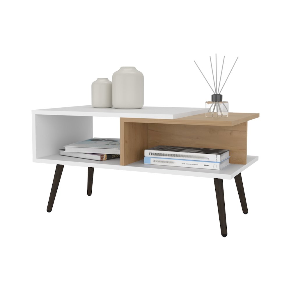 Hack Berry Coffee Table with Open Storage and Conical Legs , White + Natural Oak. Picture 4