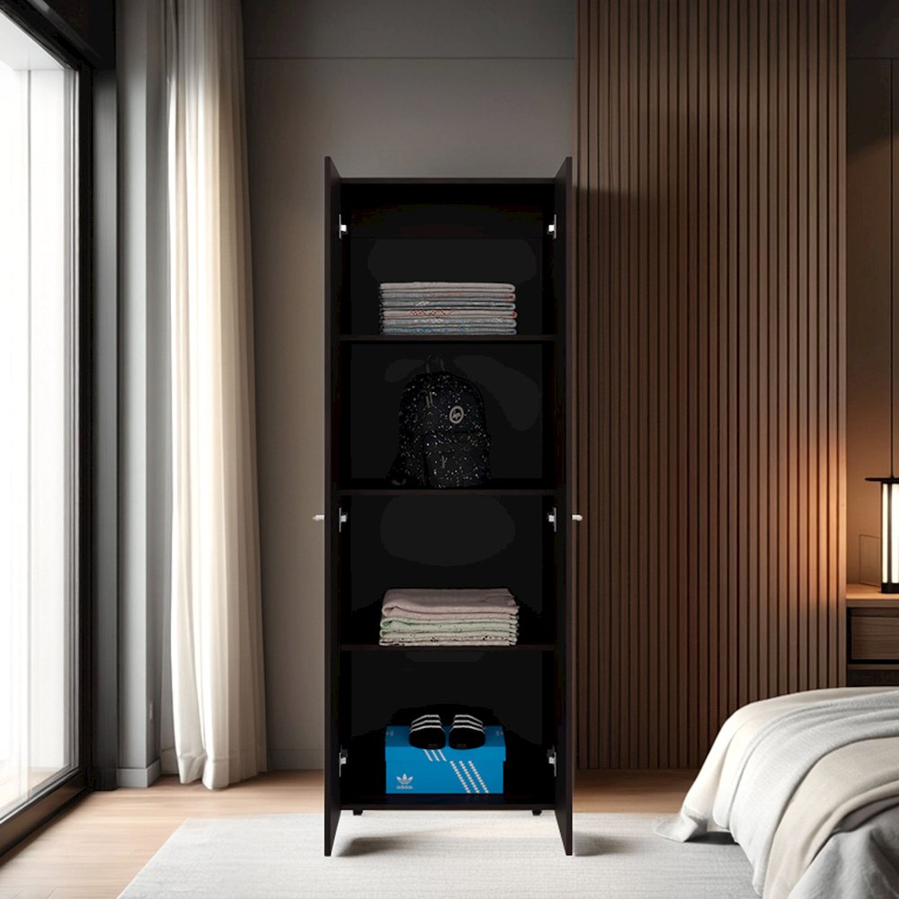 2-Door Wardrobe Cabinet, 4 Shelves, Vertical Storage, 66.9"H, Stained Walnut. Picture 7
