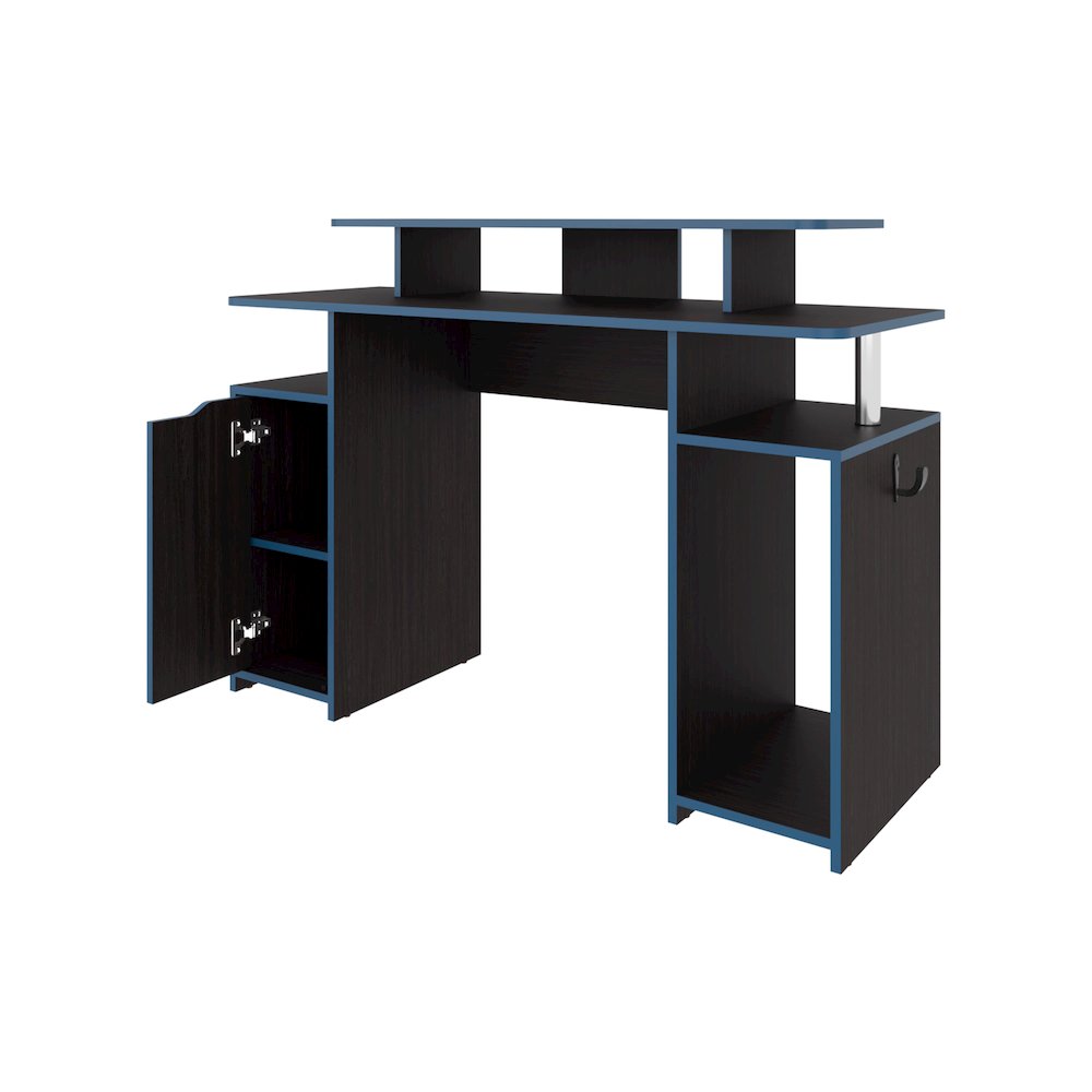 Lol Minimalist Gaming Desk with Elevated Monitor Shelf, Blue Accents. Picture 6