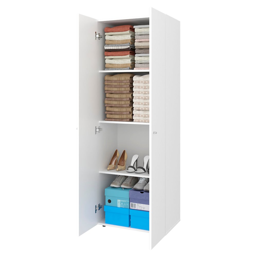 2-Door Wardrobe Cabinet, 4 Shelves, Vertical Storage, 66.9"H – Bedroom, White. Picture 2