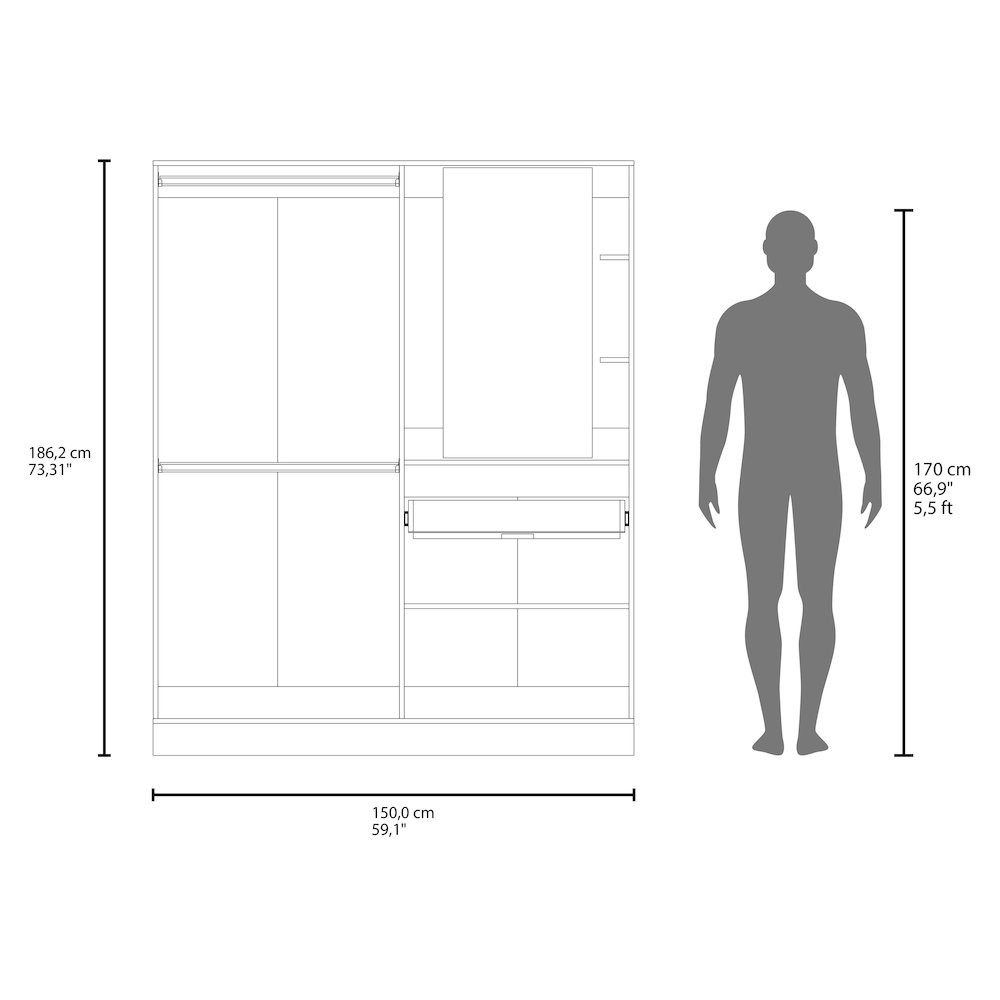 CaneMulti-Functional Wardrobe with Vanity Mirror and Storage, White. Picture 4