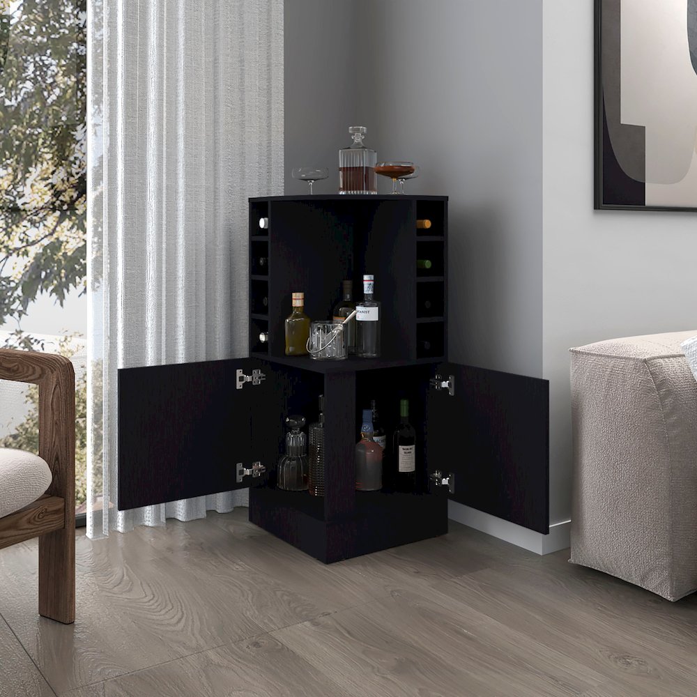 Toyei Corner Bar Cabinet with Bottle Rack, Open Shelves, and Hidden Storage. Picture 3