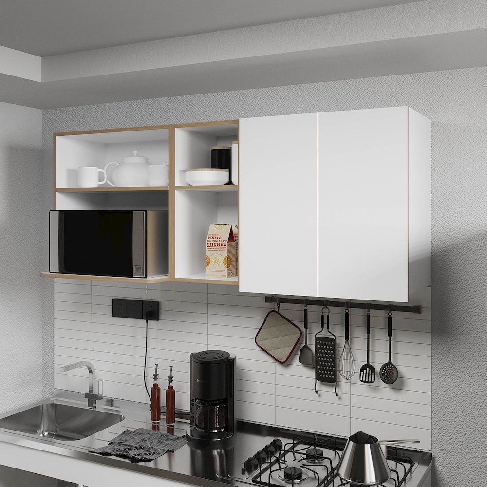 Wall-Mounted Kitchen Cabinet with Microwave Space, Open Shelves, Double Doors. Picture 4