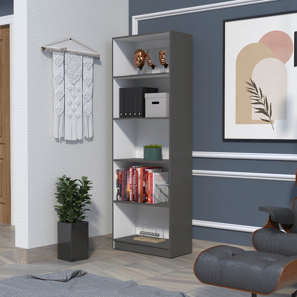 Sutton 4 Shelves Bookcase with Modern Storage Shelves, Matt Gray / White. Picture 4