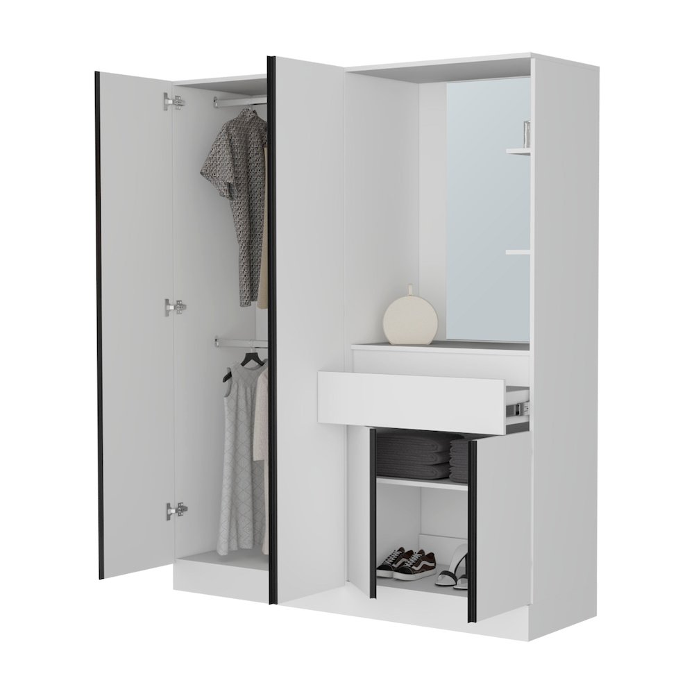 CaneMulti-Functional Wardrobe with Vanity Mirror and Storage, White. Picture 5