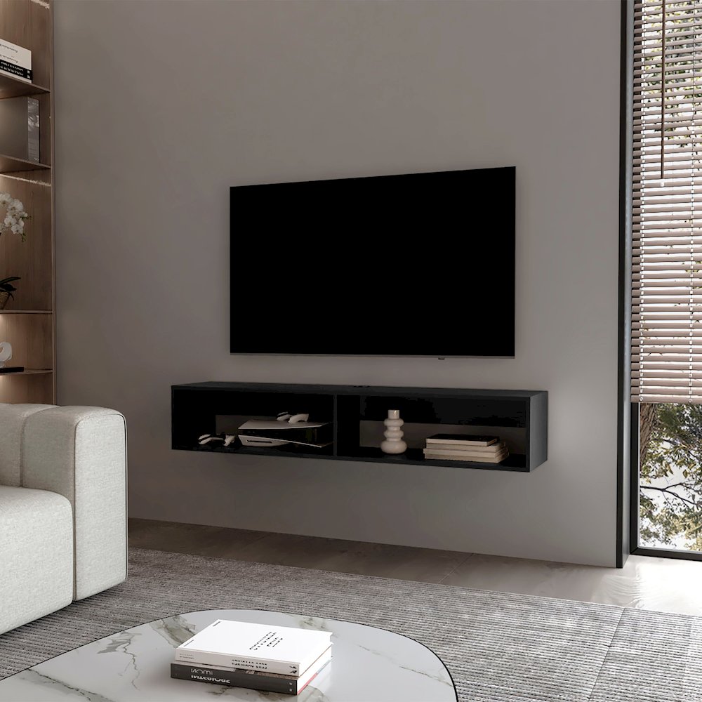 Central Floating media rack in melamine with two shelves,Wenge. Picture 3