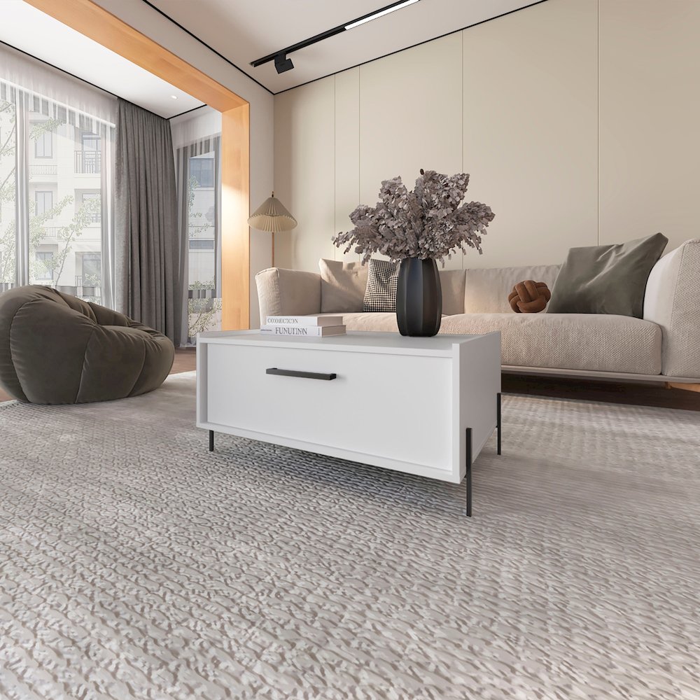 Glendale Coffee Table with Flip-Down Door in Melamine, White. Picture 8