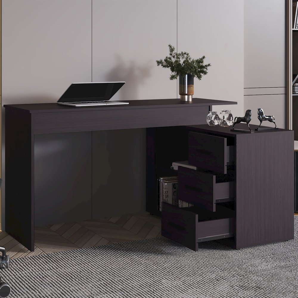 Cornville L-Shaped Desk with 3 Drawers and Storage Space,Wenge. Picture 4