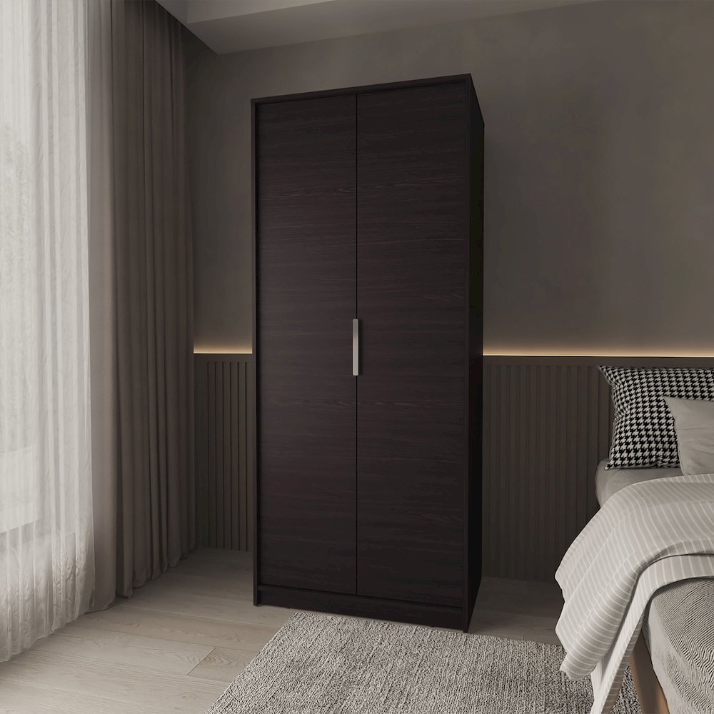 Wardrobe Berlin, Two Doors, Hanging Rod, Two Shelves, Shoe Rack, Bedroom, Wengue. Picture 6