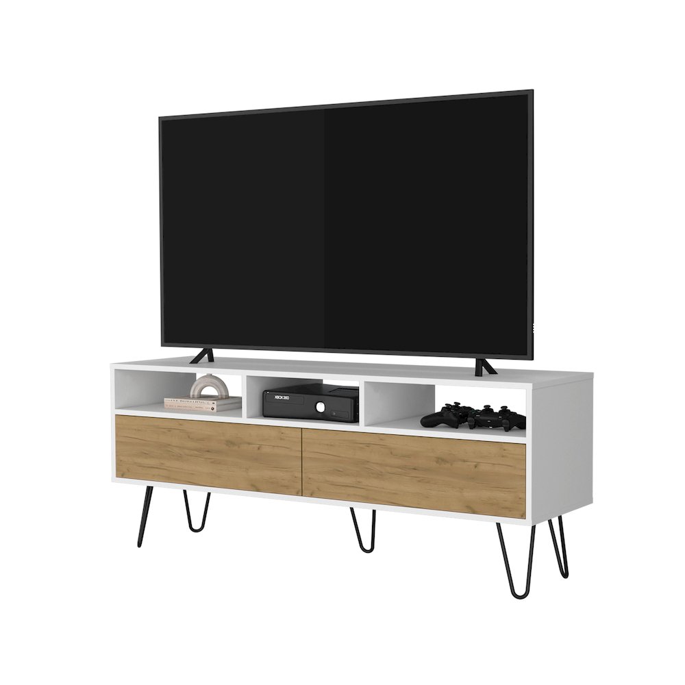 Olds TV Stand with 2 Doors and Open Storage, White and Natural Oak. Picture 8